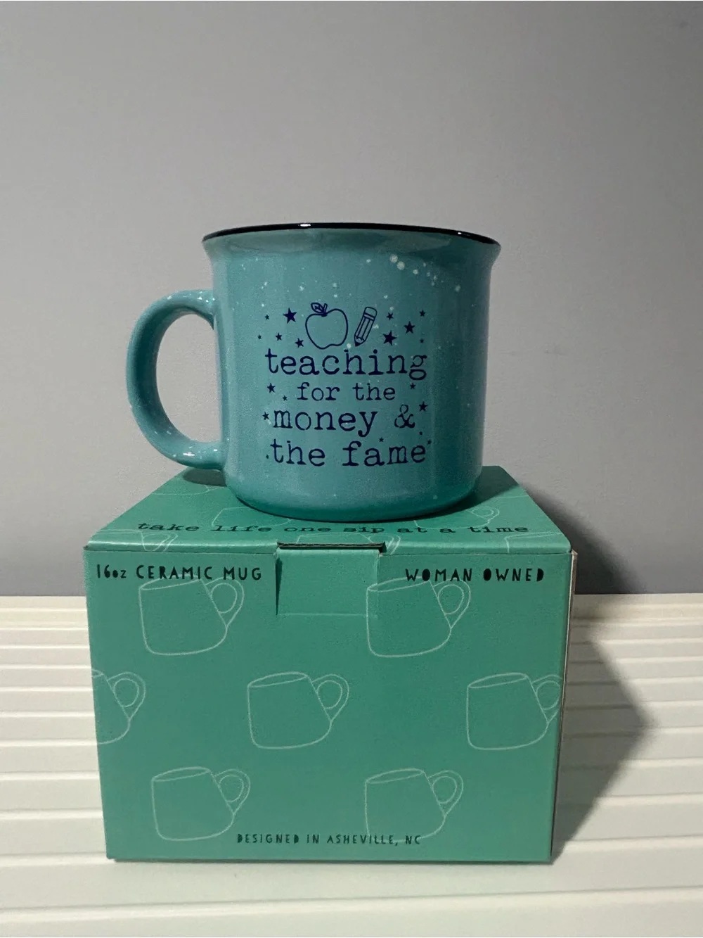 NEW “teaching for the money & the fame” Teal Ceramic 16oz Mug - Picture 2 of 2